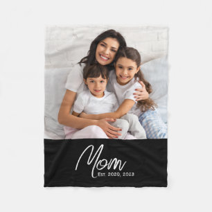 Mom Established Black Modern Script Photo  Fleece Blanket