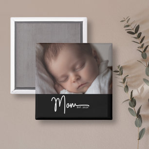 Mom Established Black Modern Script Photo Gift Magnet