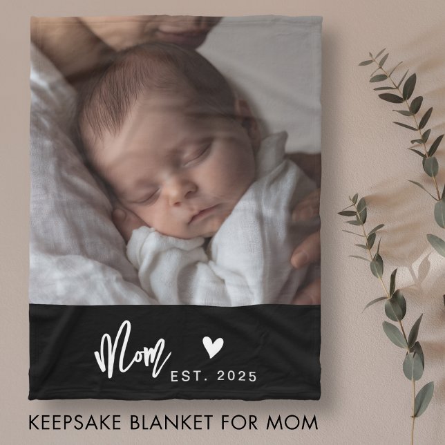 Mom Established Black Modern Script Photo Heart Fleece Blanket (Perfect for Mother’s Day or baby arrival photos.)