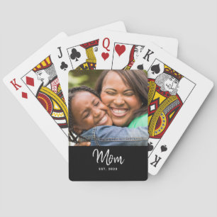 Mom Established Black Modern Script Photo Playing Cards