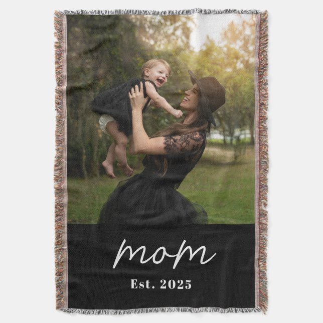 Mom Established Black Modern Script Photo Throw Blanket (Front Vertical)