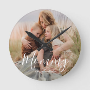 Mom Established Black Modern White Script Photo  Round Clock