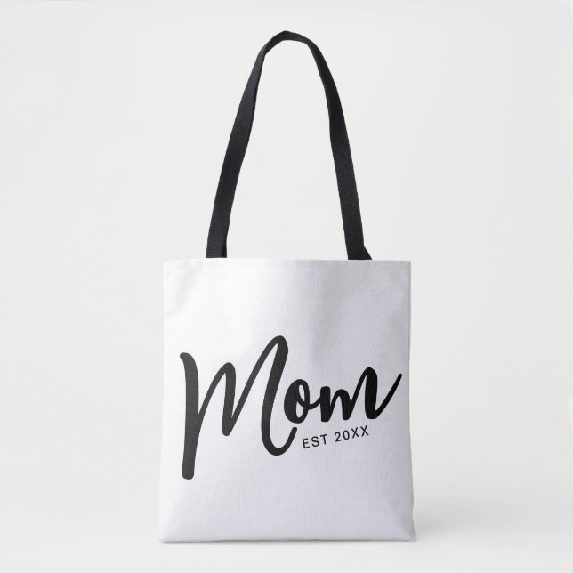 Mom Established Black Script Tote Bag (Front)