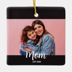 Mom Established Black White Script Photo  Ceramic Ornament