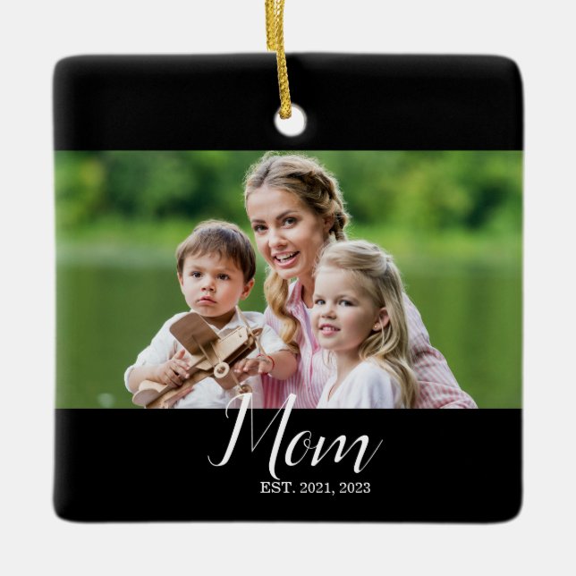 Mom Established Black White Script Photo  Ceramic Ornament (Front)