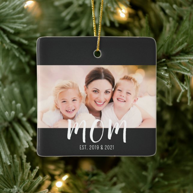 Mom Established Black White Script Photo Ceramic Ornament (Tree)
