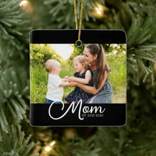 Mom Established Black White Script Photo  Ceramic Ornament