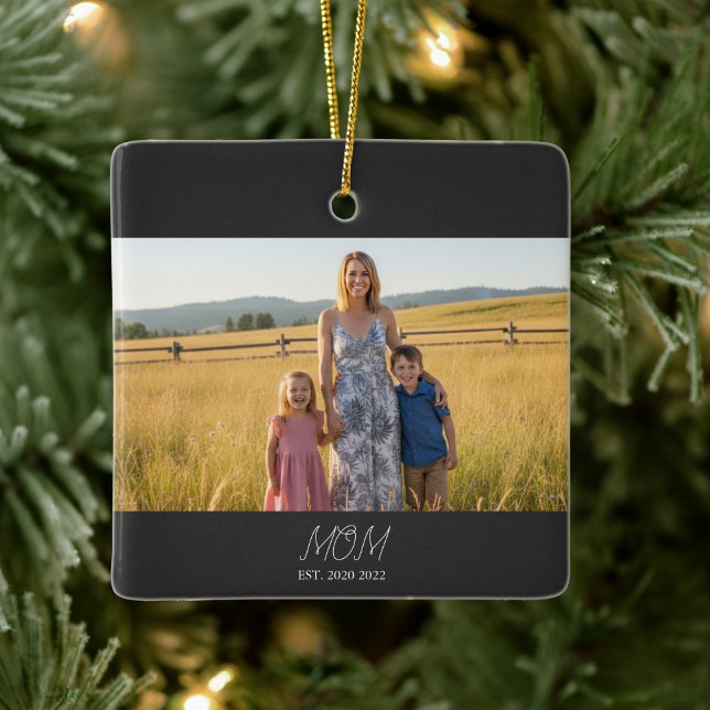 Mom Established Black White Script Photo Ceramic Ornament (Creator Uploaded)