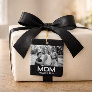 Mom Established Black White Script Photo  Ceramic Ornament