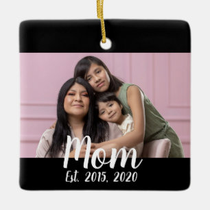 Mom Established Black White Script Photo Ceramic Ornament