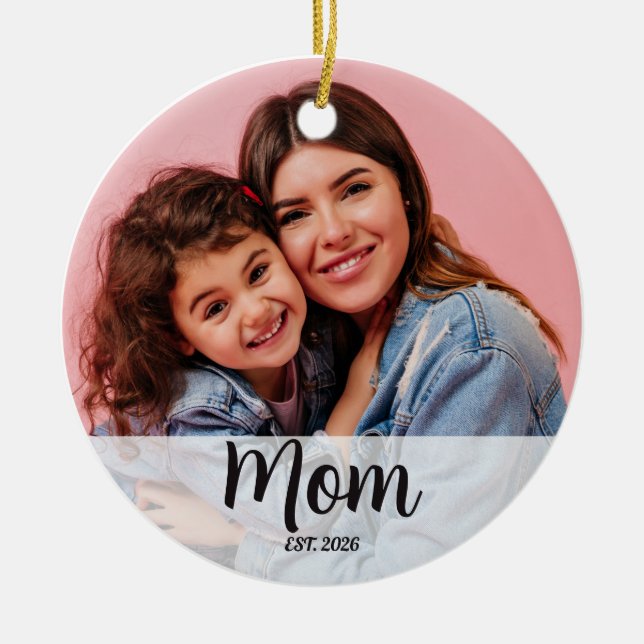 Mom Established Black White Script Photo  Ceramic Tree Decoration (Front)