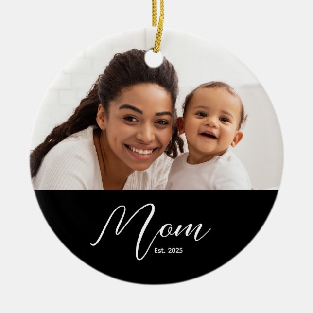 Mom Established Black White Script Photo Ceramic Tree Decoration (Front)