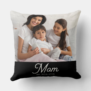 Mom Established Black White Script Photo Cushion