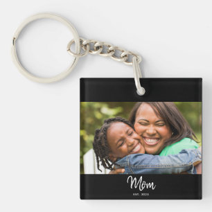 Mom Established Black White Script Photo Key Ring