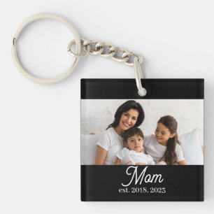 Mom Established Black White Script Photo Key Ring
