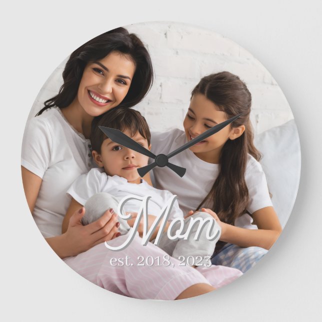 Mom Established Black White Script Photo Large Clock (Front)