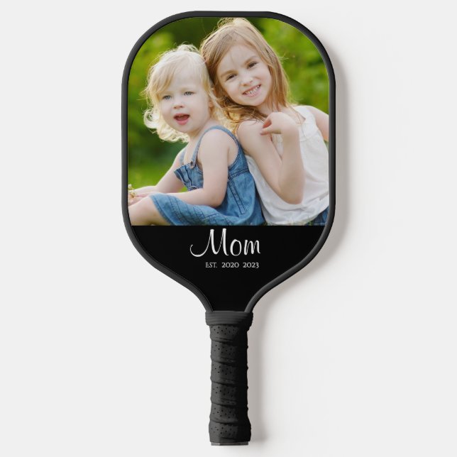 Mom Established Black White Script Photo Pickleball Paddle (Front)