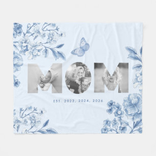 Mom Established Blue Toile Botanical 3 Photo Gift Fleece Blanket