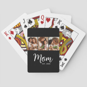 Mom Established Date White Script on Black 3 Photo Playing Cards