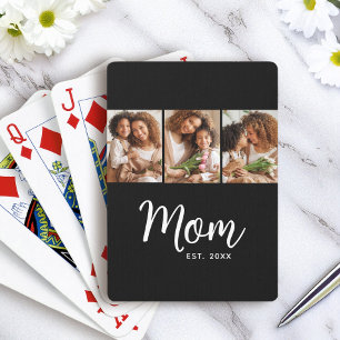 Mom Established Date White Script on Black 3 Photo Playing Cards
