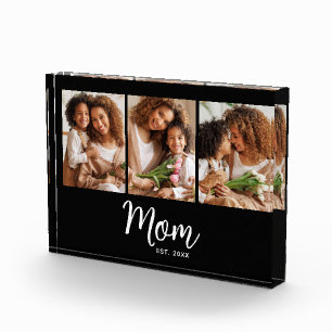 Mom Established Date White Script on Black Modern Photo Block
