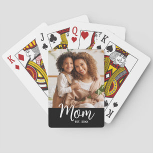 Mom Established Date White Script on Black Photo Playing Cards