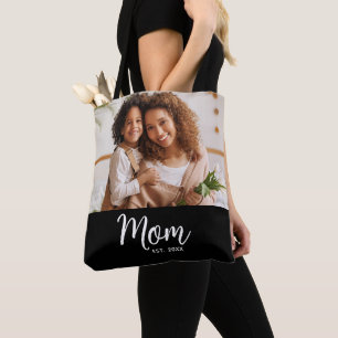 Mom Established Date White Script Photo on Black  Tote Bag