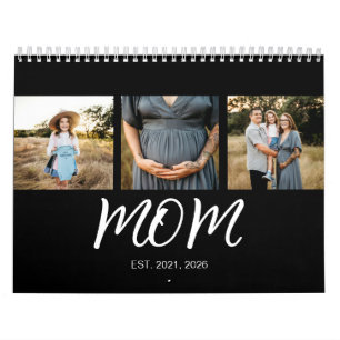 Mom Established Elegant Script Black 3 Photo Calendar