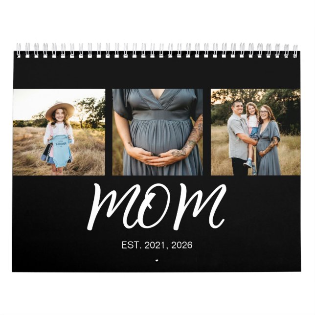 Mom Established Elegant Script Black 3 Photo Calendar (Cover)