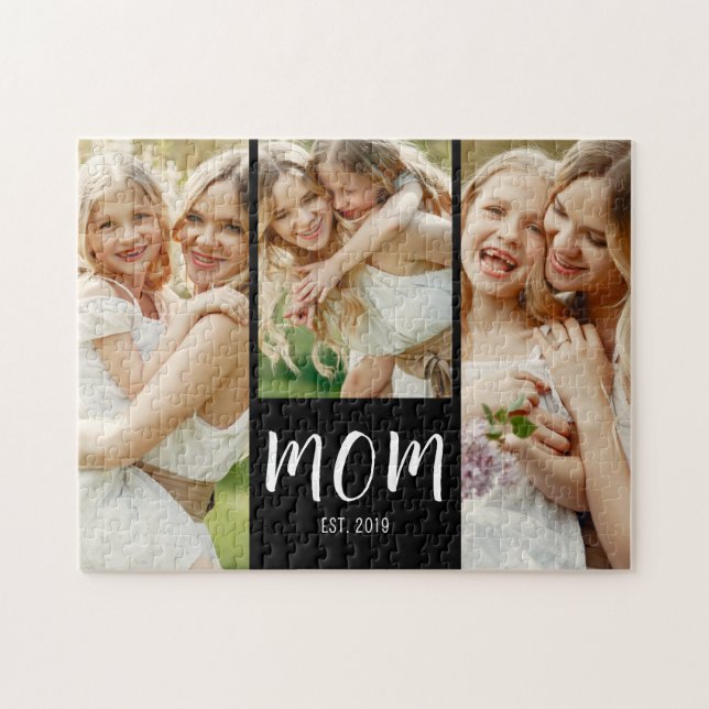 Mom Established Elegant Script Black 3 Photo  Jigsaw Puzzle (Horizontal)