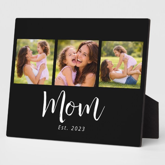 Mom Established Elegant Script Black 3 Photo Plaque (Side)