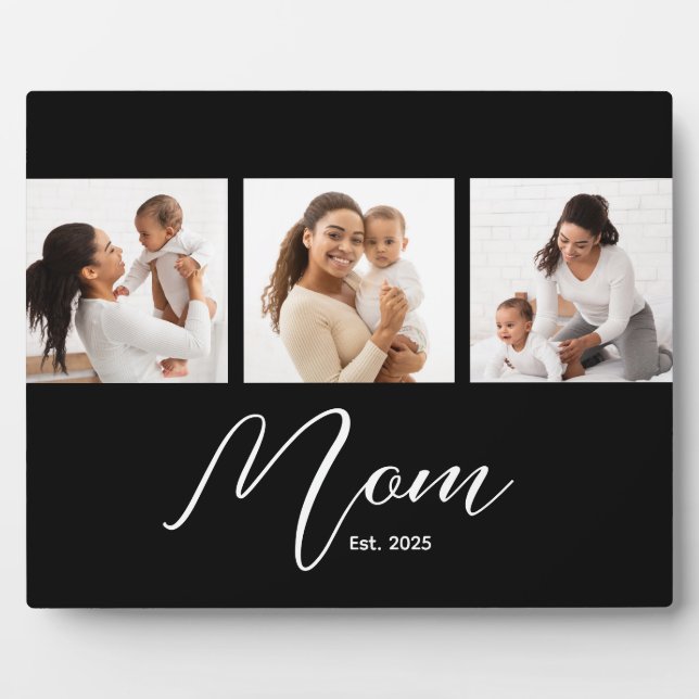 Mom Established Elegant Script Black 3 Photo Plaque (Front)