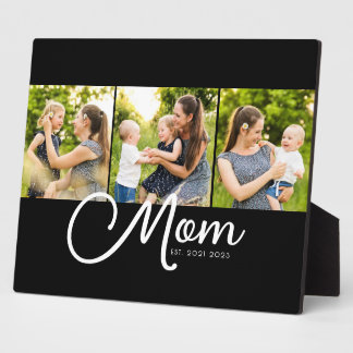 Mom Established Elegant Script Black 3 Photo Plaque
