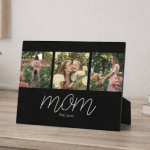 Mom Established Elegant Script Black 3 Photo Plaque