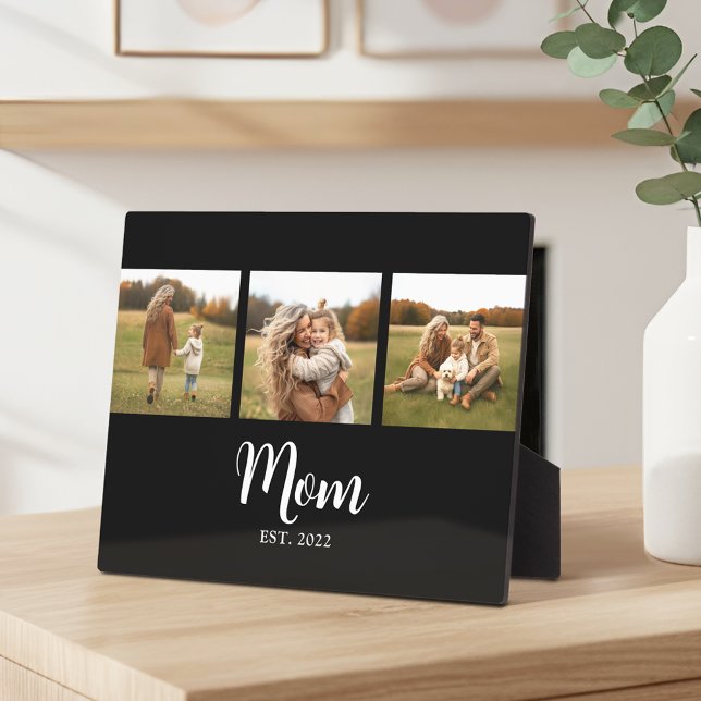 Mom Established Elegant Script Black 3 Photo Plaque (Mom established with 3 photos - a lovely thoughtful gift! )