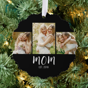 Mom Established Elegant Script Black 3 Photo  Tree Decoration Card