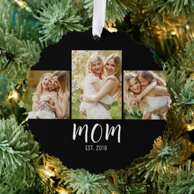 Mom Established Elegant Script Black 3 Photo  Tree Decoration Card (Insitu (Tree))