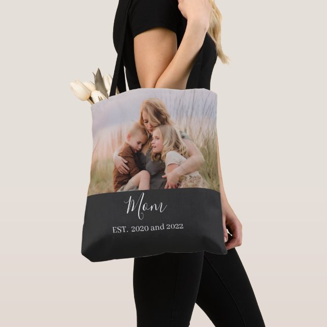 Mom Established Elegant Script Photo Tote Bag (Close Up)