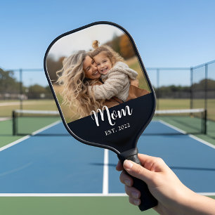 Mom Established Fun Script Photo Black Pickleball Paddle