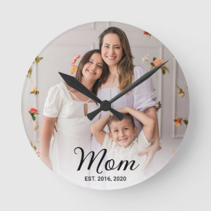 Mom Established Modern Black Script Photo  Round Clock