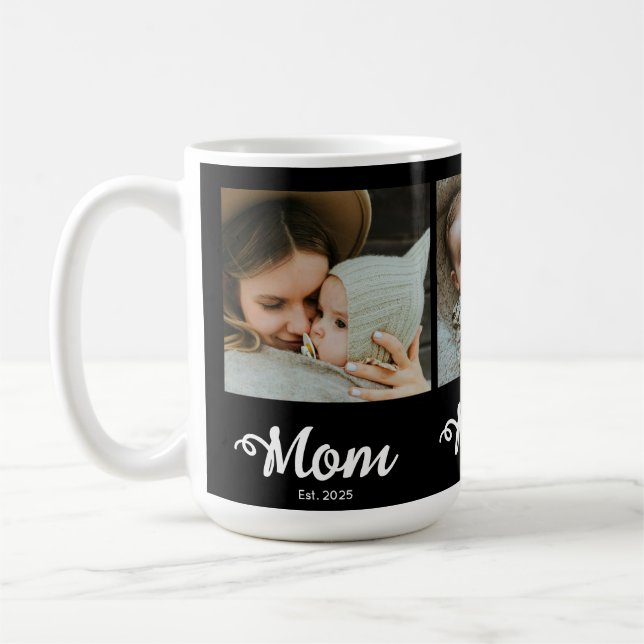 Mom Established Modern Bold Script Black 3 Photo Coffee Mug (Left)