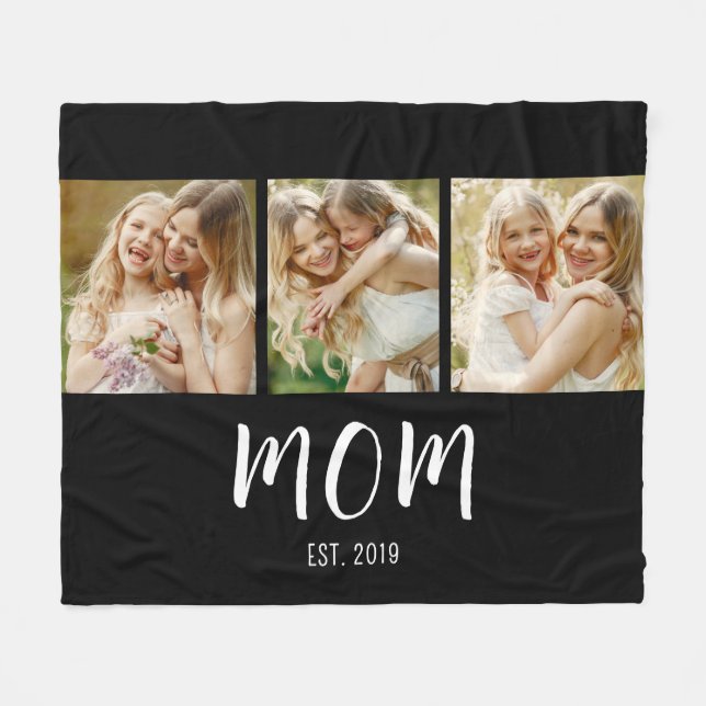 Mom Established Modern Bold Script Black 3 Photo Fleece Blanket (Front (Horizontal))