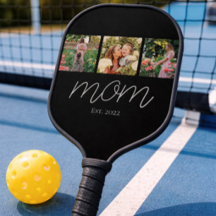 Mom Established Modern Bold Script Black 3 Photo Pickleball Paddle