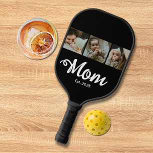 Mom Established Modern Bold Script Black 3 Photo Pickleball Paddle