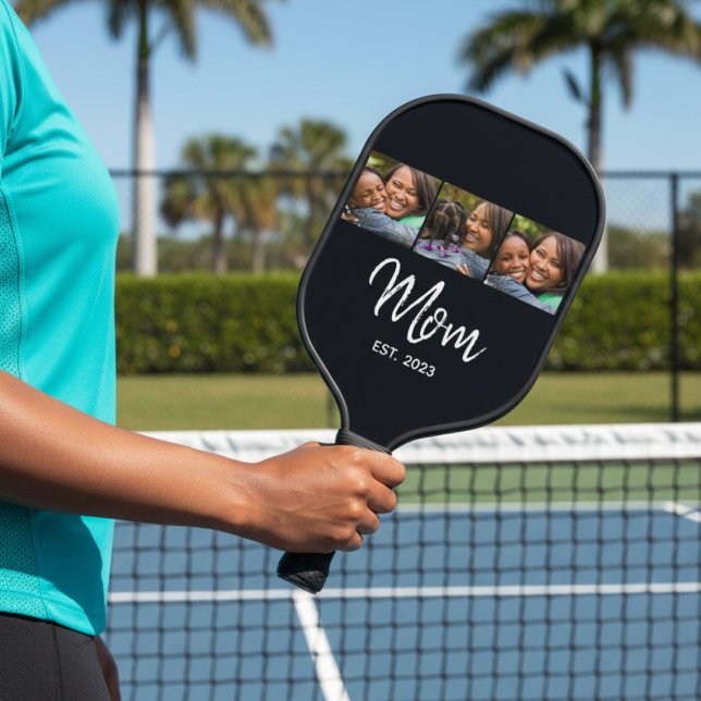 Mom Established Modern Bold Script Black 3 Photo  Pickleball Paddle (Creator Uploaded)