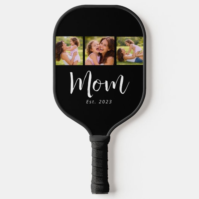 Mom Established Modern Bold Script Black 3 Photo Pickleball Paddle (Front)