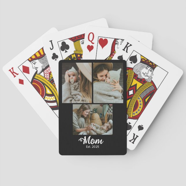 Mom Established Modern Bold Script Black 3 Photo Playing Cards (Back)