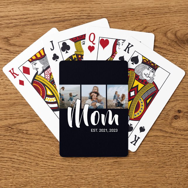 Mom Established Modern Bold Script Black 3 Photo Playing Cards (Mom Established Modern Bold Script Black 3 Photo Poker Cards)