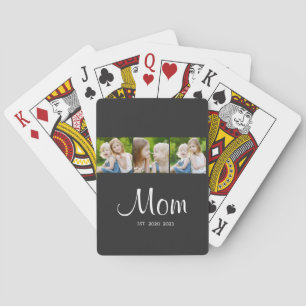 Mom Established Modern Bold Script Black 3 Photo Playing Cards