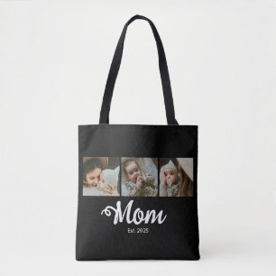 Mom Established Modern Bold Script Black 3 Photo Tote Bag
